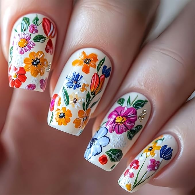 Medium Square Press on Nails Colorful Flower Fake Nails with Designs Spring Summer Acrylic Nails Art Kit Glue on Nails Reusable Artificial Nails Glossy Full Cover Stick on Nails for Women