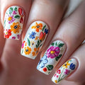 Medium Square Press on Nails Colorful Flower Fake Nails with Designs Spring Summer Acrylic Nails Art Kit Glue on Nails Reusable Artificial Nails Glossy Full Cover Stick on Nails for Women