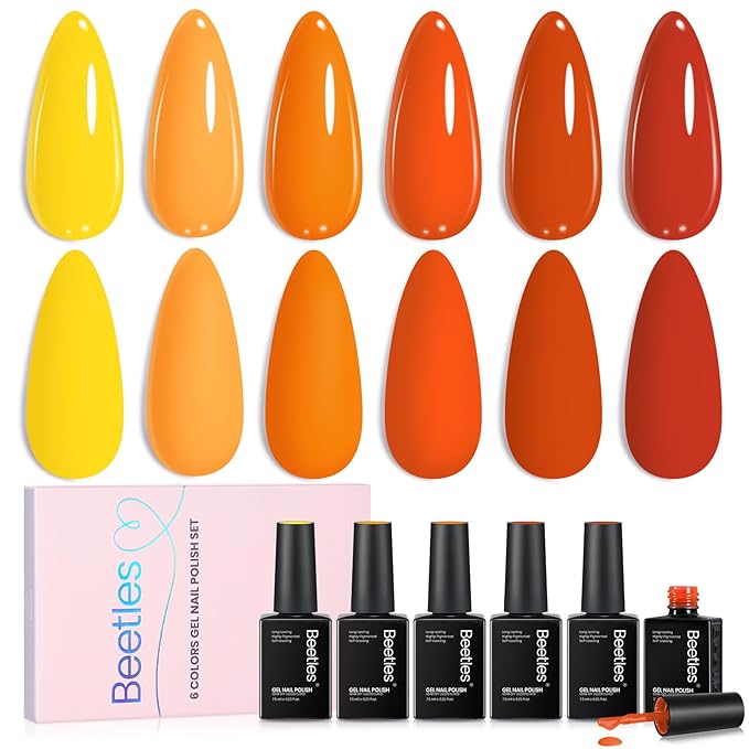 beetles Orange Gel Polish Set - 6 Colors Bright Yellow Coral Peach Orange Gel Nail Polish Set Twilight Warmth Collection Uv Gel Nail Art Manicure Gift for Women