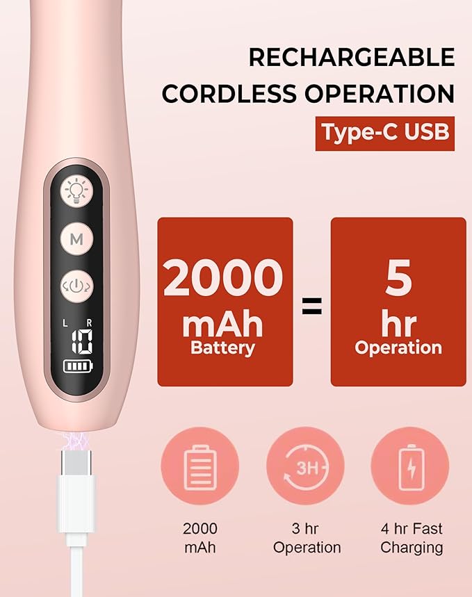 Cordless Nail Drill Electric Nail File, 10-in-1 Manicure Pedicure Kit Nail Grinder Set, 14000 RPM Rechargeable Acrylic Nail Tool, 10 Speeds LED Light LCD Display for Human, Toenails, Home(Pink)