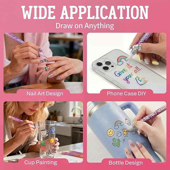12 Colors Nail Art Pens & Acrylic Markers Set, 0.5mm Ultra-Fine Tip for Micro-Detailing, Water-Based Quick Dry DIY Manicure Tools, Easter Basket Stuffers & Spring Gifts for Girls Women (12pcs)