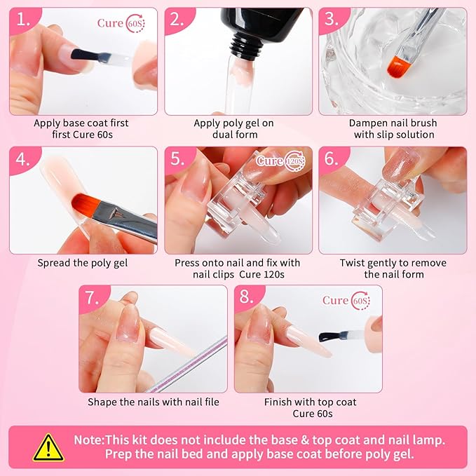 BQAN Poly Nail Gel Kit,3 Colors Poly Extension Gel With Dual Forms Builder Extension for Nail Tech DIY at Home Manicure Set (Pink&Nude)