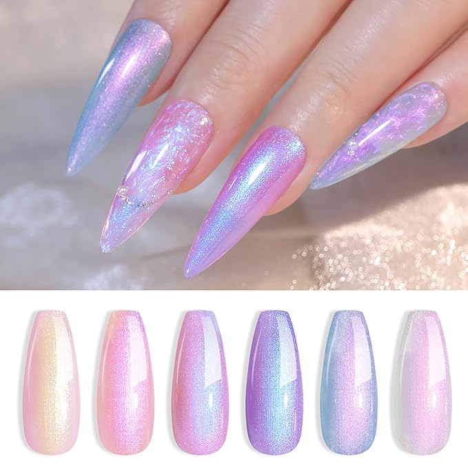 Born Pretty Pearl Gel Nail Polish, 6 Colors Pearl Pink White Purple Shimmer Mermaid Gel Polish Nail Drawing Glitter Polish Soak Off Led Swirl Shell Thread Effect DIY Manicure Gift for Women