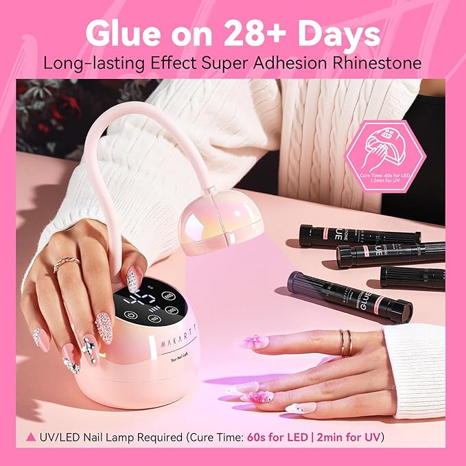 Makartt Nail Rhinestone Glue Gel-Upgrade Gel Nail Glue with Brush Pen Tip for Nail Charms Gems Super Strong Adhesive Precise for Nail Charms Crystals Rhinestone 3D Art Design Cured Need 8ml*4