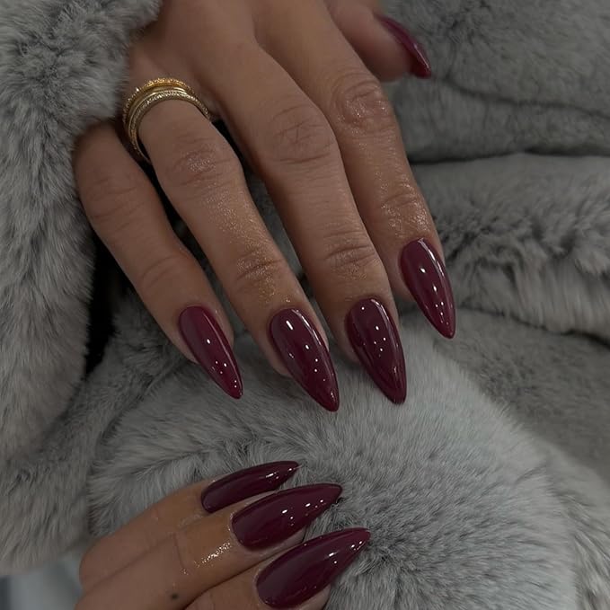 Burgundy Red Press on Nails Almond Shaped Medium Almond Nails Press on Neutral Acrylic Fake Nail for Women Reusable Glue on Nails Medium Length Stiletto False Nail