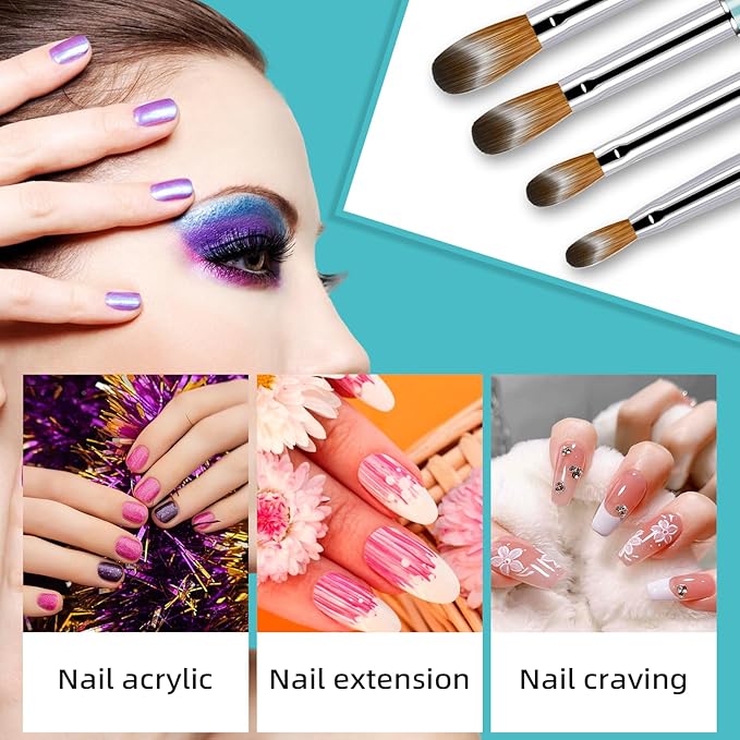 Acrylic Nail Brush Set - 4pc Kolinsky Nail Art Brushes for Acrylic Powder Application, Extension & Carving