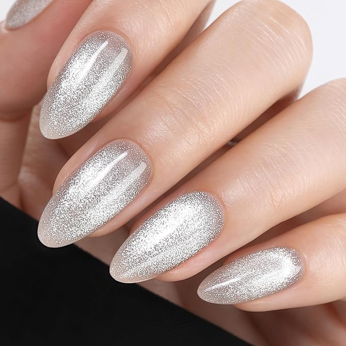 UNA GELLA 32Pcs Soft Gel Press on Nails - 16 Sizes Silver Cat Eye Almond Glue on Nails, Reusable Glitter False Nails, Full Cover Acrylic Nail Kit for Women DIY Home Manicure