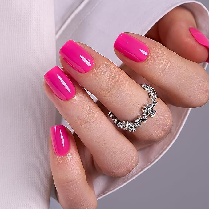Curvlife Soft Gel Press on Nails, Fake Nails with Bright-Pink Design Full Cover False Nails for Women Reusable Nail Kit with Nail Glue Adhesive Tabs Nail File
