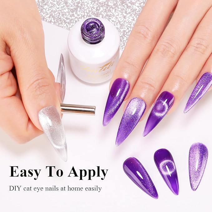 Imtiti Cat Eye Gel Nail Polish, 15ML Purple Holographic Glitter, Magnet UV LED Magnetic Gel Nail Polish Crystal Galaxy Sparkly Home DIY Manicure Nail Salon Kit