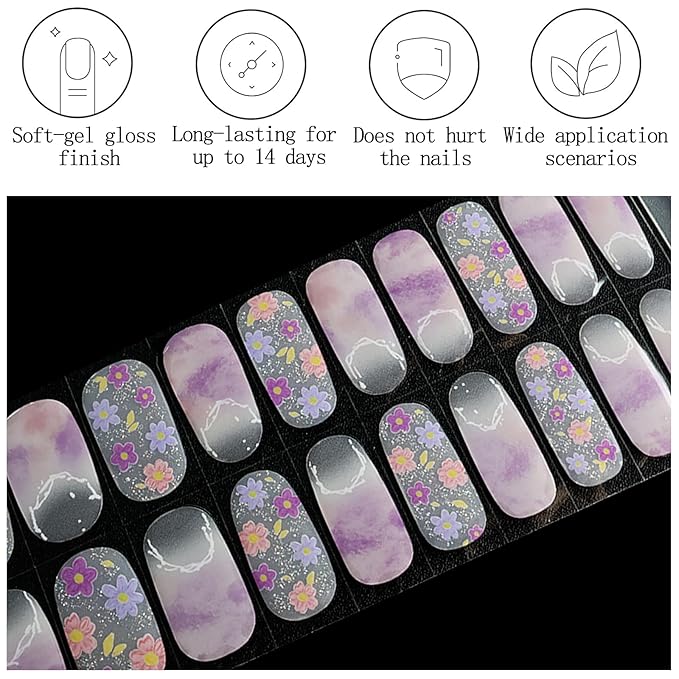 20Pcs Flower Semi Cured Gel Nail Strips Purple French Tip Summer Gel Nail Stickers UV/LED Light Needed Self Adhesive Nails Wraps with Glitter Design Glossy Nails Polish Strips for Women