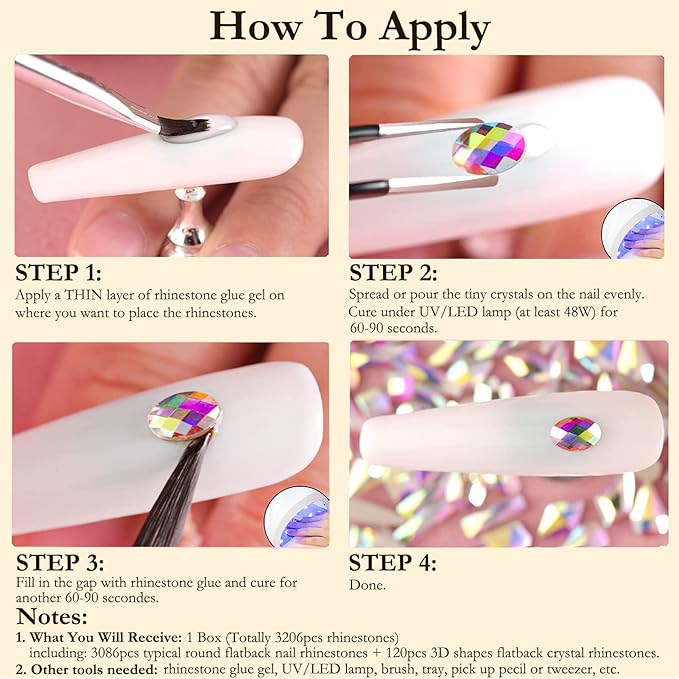 Dowarm 3200PCS Nail Art Rhinestones, Crystal AB Flatback Rhinestones for Nails, Crafts, 12 Styles 3D Glass Crystal Nail Gems, Iridescent Diamond Stones