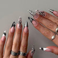 Long Press on Nails Almond Fake Nails Black Artificial Nail Silver Charm Rhinestones Stick on Nail for Women 24pcs