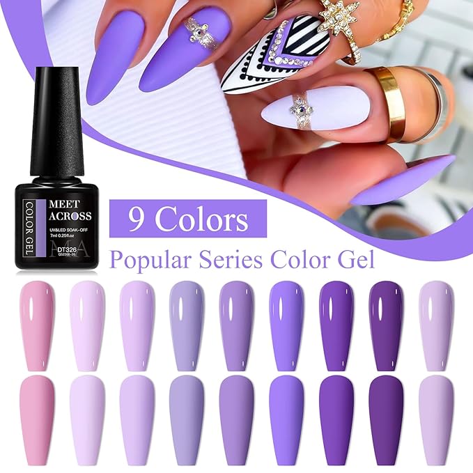 MEET ACROSS 12pcs Gel Nail Polish Set,Soak Off UV LED Lamp Gel Nail Polish Kit,Fashion Shimmer Nail Art Design Gifts for Women Manicure Salon (Purple)