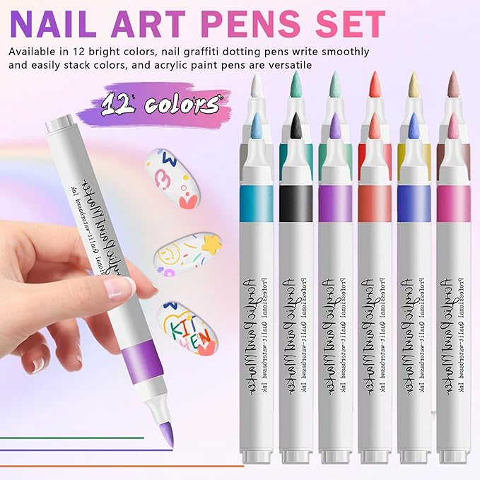 Nail Art Pens Set, 12 Colors Nail Art Markers Polish Pens for Painting Nails, Acrylic Paint Drawing Painting Dotting Markers Pen Quick Drying Nail Art Design Manicure Tools