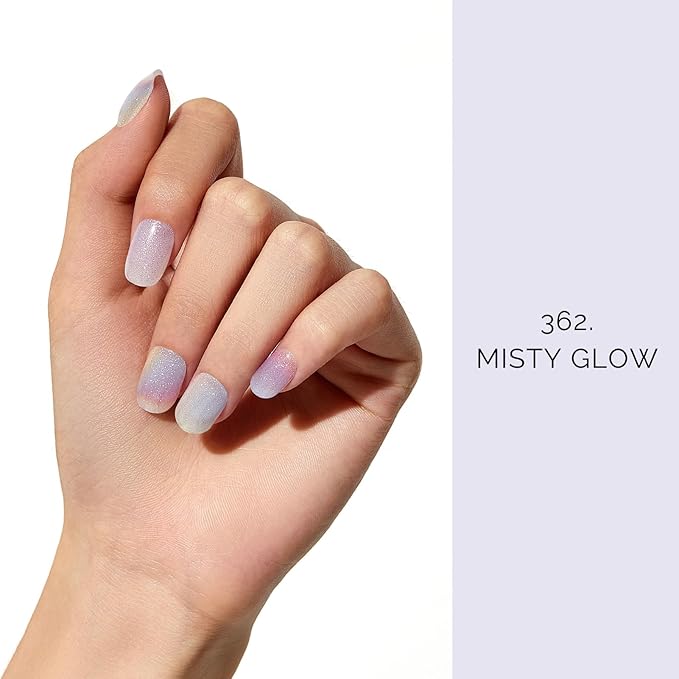 Semi Cured Gel Nail Strips - NAILOG 20 Pcs Rainbow Glitter Gel Nail Stickers Extra Long Nail Wraps with Glossy Gel Finishing for Spring Summer, Misty Glow