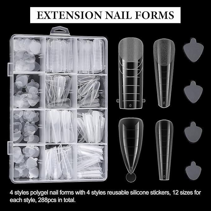 288Pcs Poly-Gel Nail Form Kit 4 Style Reusable Full Cover Nail Extension Mold Dual Forms with 4 Style Silicone Stickers Builder Gel Set for Beginners French Coffin Square Nail Crafts