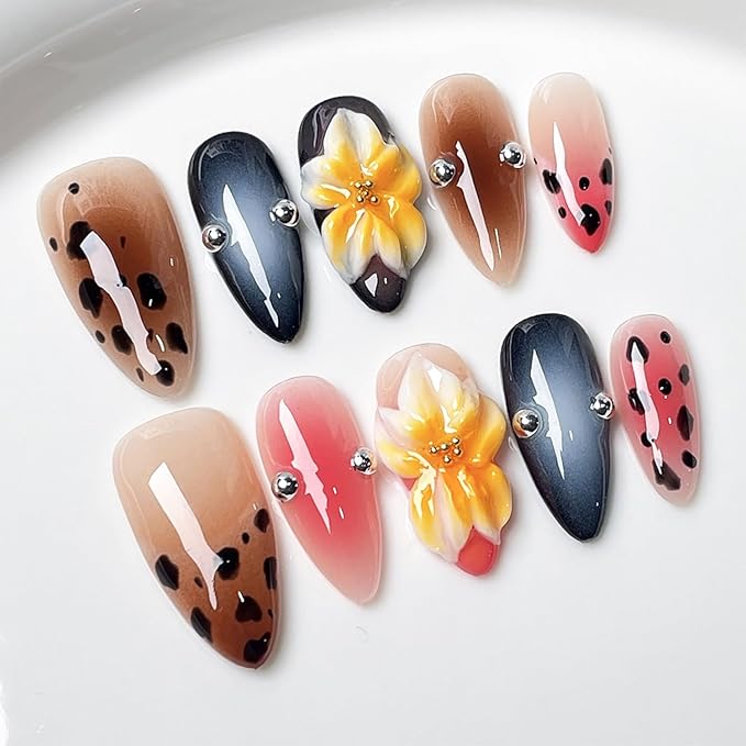 Medium Almond Press on Nails Luxury Handmade Nails with Glue,Tropical Flower Art False Nails with Leopard Print Design Handmade Nail Press ons Muti-Layer Gel Fall False Nails for Women (Size S)