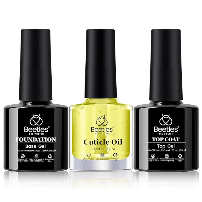 Beetles Gel Base and Top Coat with Cuticle Oil Set, 3Pcs No Wipe Top Gel Glossy Shine Long Lasting, Cuticle Oil Care for Dry Damaged for Stronger Nails Nail Care Kit Gifts for Women