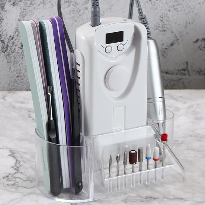 Nail Drill Holder Box, 8 Holes Clear Nail Drill Machine & Bits Storage Box, Professional Nail Polisher Display Box, Nail Desk Organizer for Manicure Tools, Grinding Bits and Drill Accessories