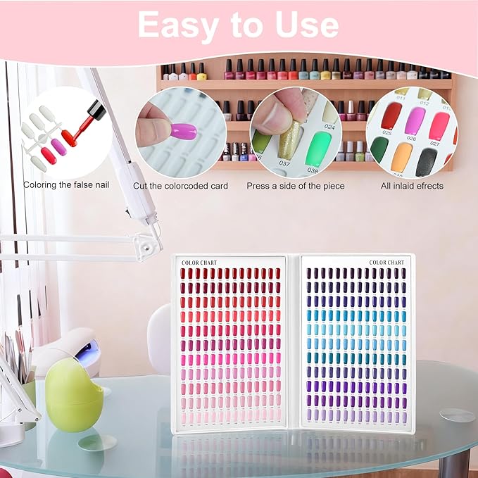 308 Colors Nail Swatches Book with 360 Nail Tips Professional Nail Color Chart Card Display Gel Polish Book Nail Painting Practice Design Board No Need Pasting, No Need Glue for Nail Salons