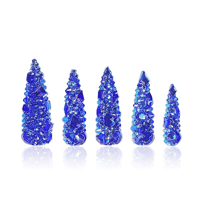 LOVFUL Press on Nails Deep Sea Classic Rhinestone | Handmade with Full Covered Crystals | Reusable Full Cover Nails | Stiletto Mid Length 1.7 in | H75-S