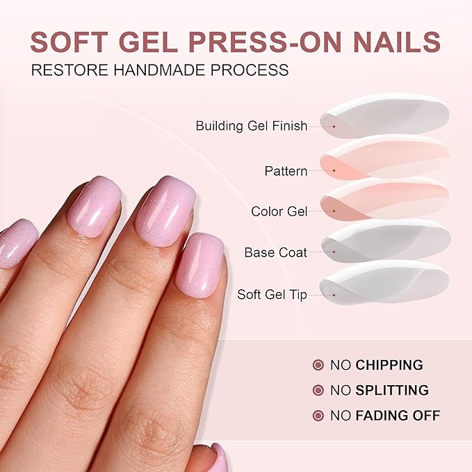 Short Square Press On Nails - Pink Fake Nails with Glue, 16 Sizes, 32Pcs Reusable Soft Gel False Tips Kit, Artificial Stick On Nail for Women