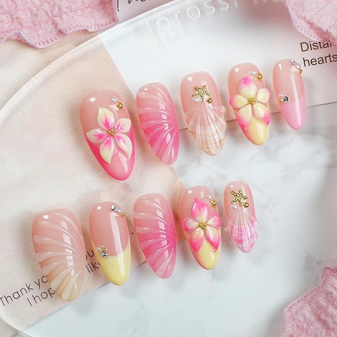 Gradient Flower Press on Nails Handmade Press on Nails French False Nails with 3D Floral Embossed Designs Medium Almond Fake Nails False Nails Thicked Acrylic Nail Stick on Nail for Women（Size M)