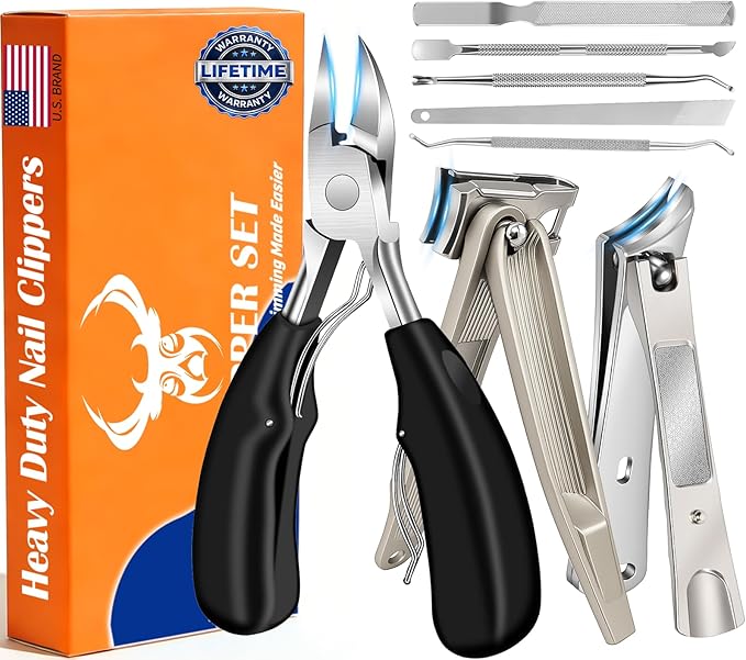 8-in-1 Heavy Duty Toenail & Fingernail Clippers for Seniors Men with Thick & Ingrown Nails - Manicure Pedicure Kit with 360° Swivel Head - Professional Wide Jaw Podiatrist Tools