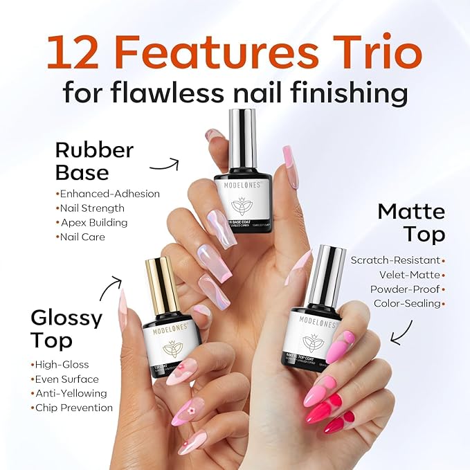 modelones Gel Nail Polish Top Base Coat Set, 3Pcs Rubber Base and Glossy Clear & Matte Gel Top Coat Chrome Proof No Wipe High Shine Nail Polish Soak Off U V LED Nail Art Home DIY Manicure Gift for Wom