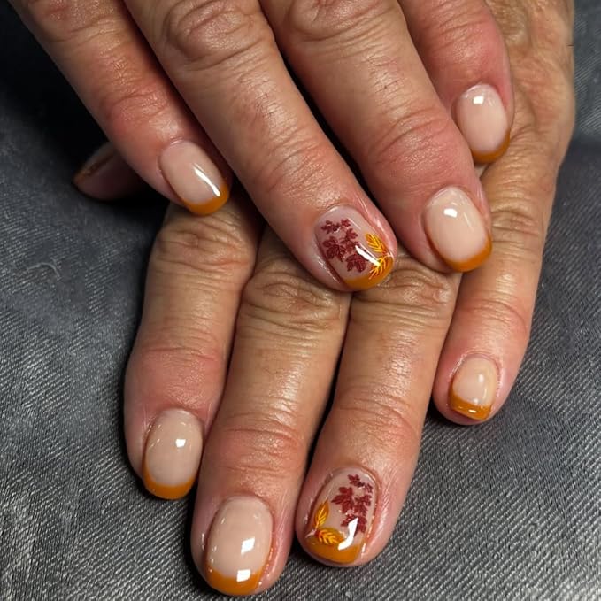 Orange French Press on Nails Short Square Fake Nails Fall False Nails Press ons with Maple Leaf Design Glossy Full Cover Stick on Nails for Women Thanksgiving Manicure, Reusable | Artificial | 24Pcs