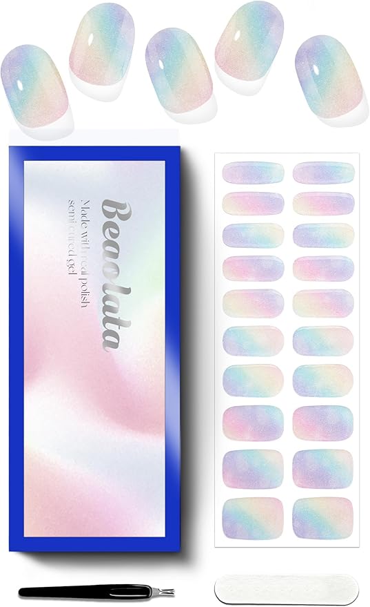 Semi Cured Gel Nail Strips - UV Light Gel Nail Stickers - 20 Long Lasting Salon Quality Wraps (Blush Dreambubble Pink&Purple)