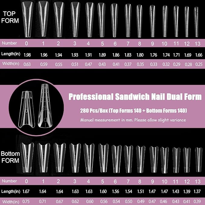 280 Pcs Original Sandwich Nails Dual Form with Guide Lines Long Slim Coffin Nail Mold for Builder Gel Nail Extensions Art Design Salon DIY at Home