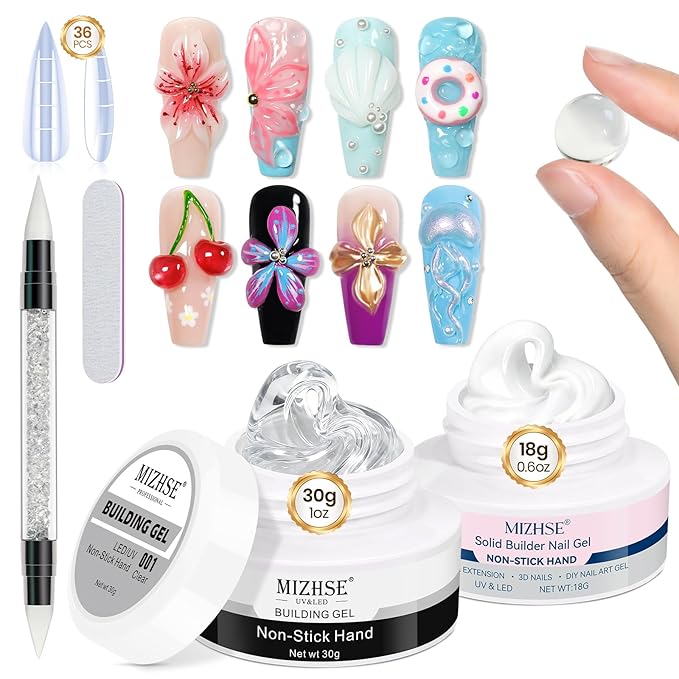 MIZHSE 3D Nail Art Gel Clear and White Solid Builder Gel for Nails Non-Sticky Sculpting Hard Gels with Dual Form for 3D Carving Patterns Flowers Nail Art Design Home DIY Manicure for Women