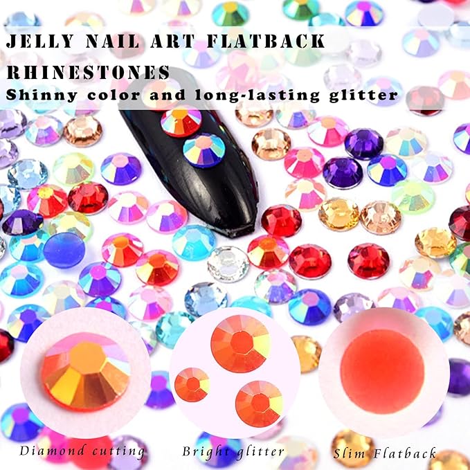 22800Pcs Shiny Jelly Rhinestones for Arcylic Nails Mixed Sizes Rainbow Rhinestones Flatback Nail Art 6 Colorful Red Yellow Crystal AB for DIY Craftings Makeup