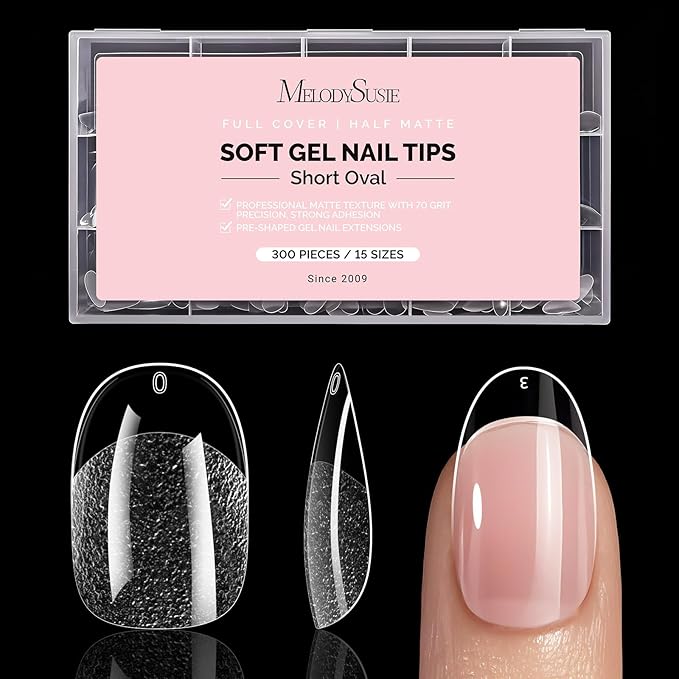MelodySusie Short Oval Round Almond X Nail Tips - 300Pcs 15 Sizes Clear Acrylic,Half Matte Full Cover Press on Nails for DIY Extension & Salon Use, Pre-Shaped for Long-Lasting Manicure