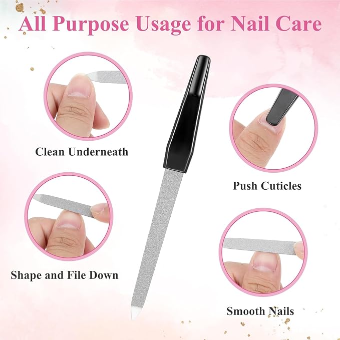 5PCS 6" Finger Nail Files Black Metal Nails File for Natural Nails, Stainless Steel Sword Fingernail Files with Sharp Pointed Tip Non Slip Handle, Diamond Nail Filer for Women Sapphire Grit