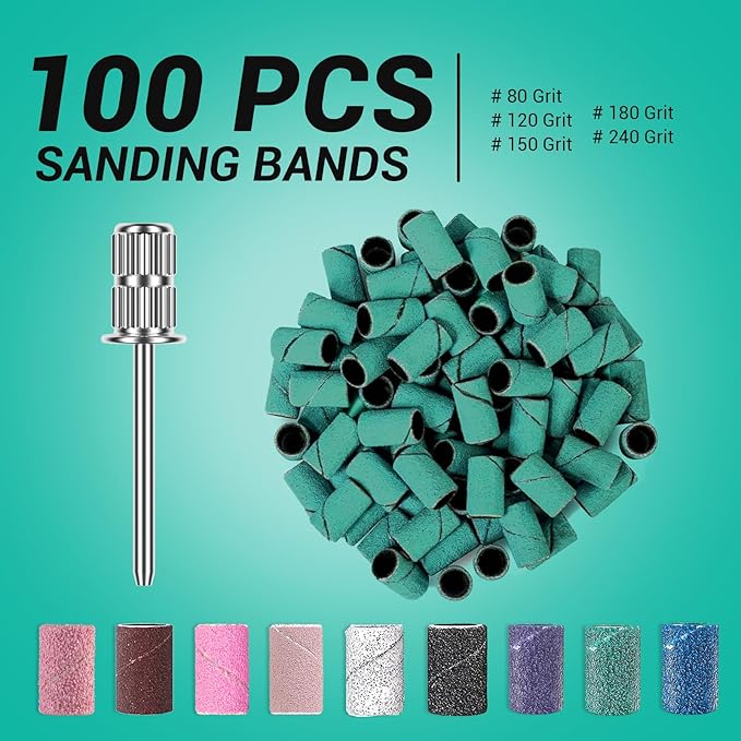 MelodySusie 100 Pcs Nail Drill Bits Sanding Bands for Nail Drill 180 Fine Grit Nail File Sanding Bands for Acrylic Nails Gel Manicures and Pedicure