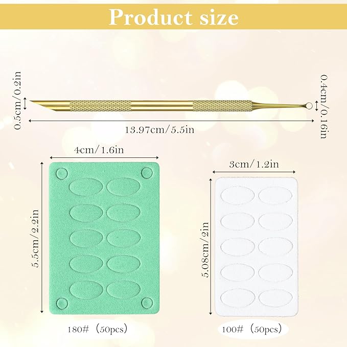 Pre-treatment Cuticle Pusher with 2 Ends, Russian Prep Nail Pushers, Cuticle Remover with Sandpaper Sheets, Nail Care for Manicure Pedicure Nails Art, Gold