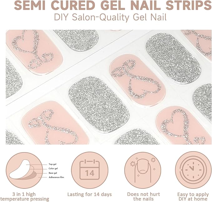 Semi Cured Gel Nail Strips,28 Pcs Gel Nail Stickers Wraps (Glitter Heart),Long Lasting Polish Strips with UV Light, Easy to Apply