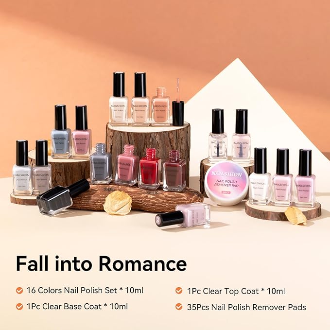 Nude Gray Nail Polish Set Neutral 16 Colors with Base Top Coat Remover Pads, Nude Brown Burgundy Dusty Rose Fast Dry Fingernail Polish Set, Non-Gel, Rich in Castor Oil Nail Art Kit