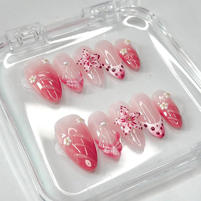 Luxury Press on Nails Medium Almond French Tip Handmade 3D Unique Reusable ABS Material Fake Nails Pink False Nails with Designs Pearls Floral Art Petal Glossy Glue on Nails Thick Acrylic Nails(M)