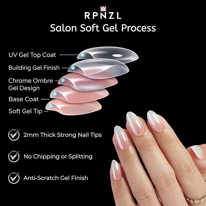 Press On Nails - Café Latte | Chrome Ombre French Tip, UV Finish Almond Nails, Salon Quality | 32 Nails, 16 Sizes Kit with Glue and Adhesive Tabs I Female Founded