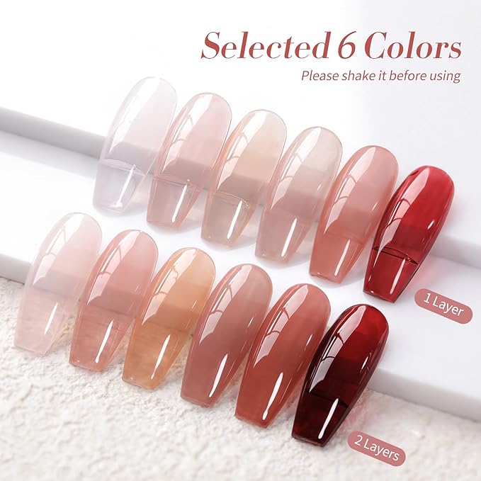 Born Pretty Jelly Nude Pink Gel Nail Polish Red Burgundy Blood Wine Red Valentine's Day Gel Polish Sheer Transparent Gel Polish Kit Wild Rose for Salon Manicure and Nail Art DIY at Home 6Colors