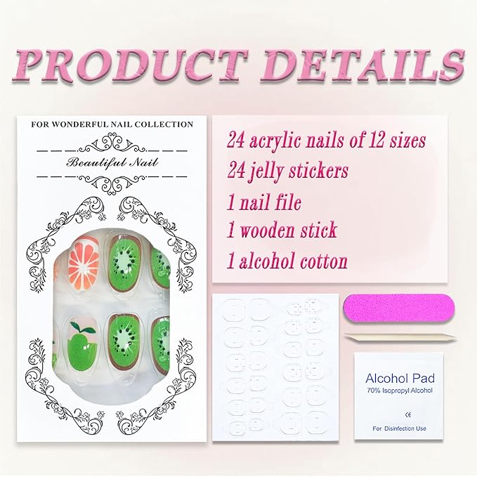 Short Oval Press on Nails MABKJLF 3D Fake Nails Cute False Nails with Strawberry Cherry Orange Designs Funny Glossy Glue on Nails Summer Stick on Nails for Women Girls 24Pcs