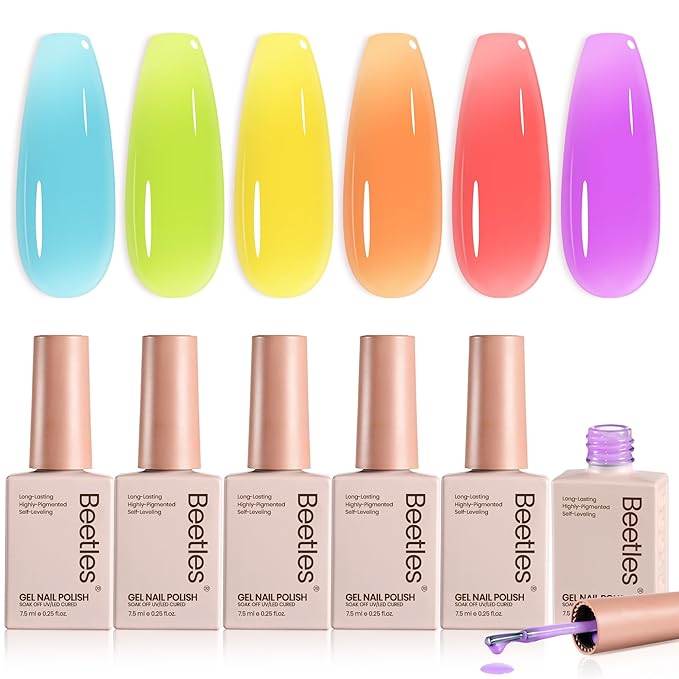 Beetles Candy Spritz Jelly Gel Nail Polish Set - 6 Colors Pastel Spring Gel Nail Kit Red Purple Blue Green Yellow Orange Sheer Translucent Effect Soak Off UV Nail Art Manicure Gift for Women