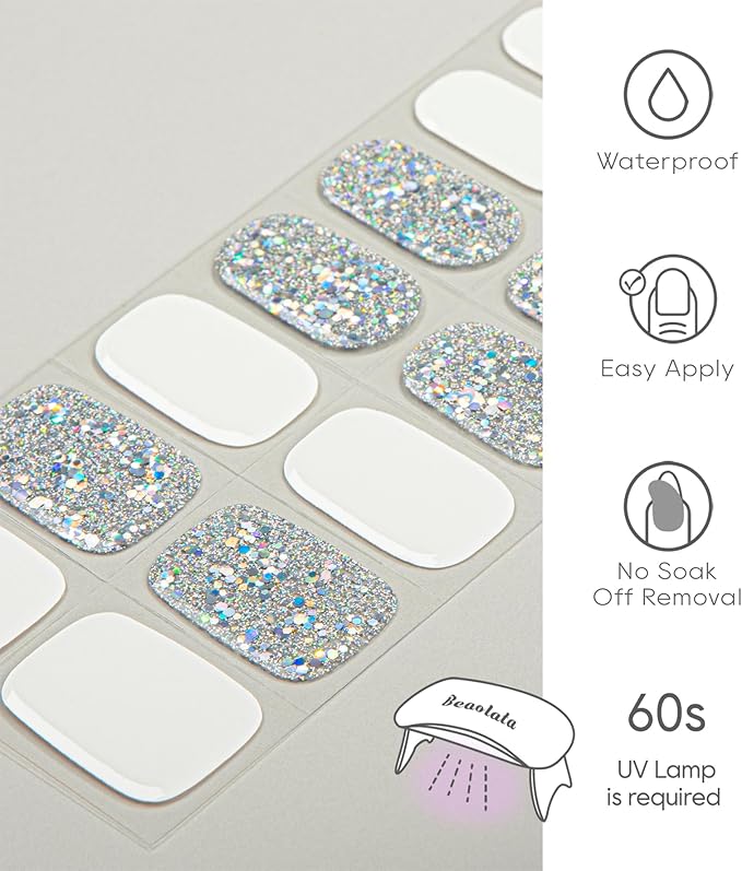 Semi Cured Gel Nail Strips - UV Light Gel Nail Stickers - 20 Long Lasting Salon Quality Wraps (Glacial Flicker White&Silver)