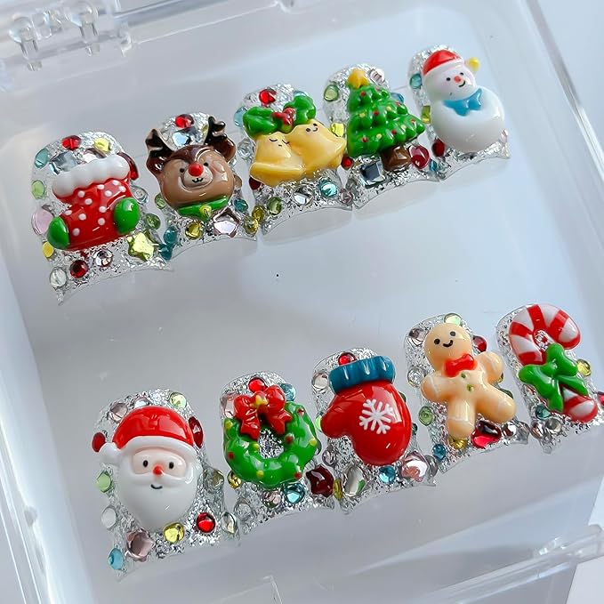 Christmas Press on Nails Luxury Short Duck Handmade 3D Unique Reusable ABS Material Fake Nails Cute False Nails with Santa Reindeer Tree Snowflake Designs Glossy Glue on Nail Thick Acrylic Nail(M)
