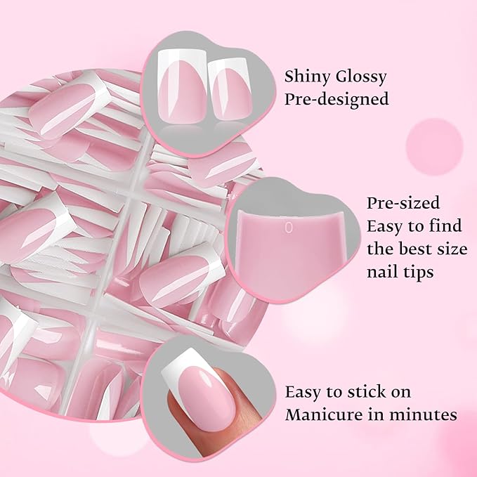 280pc French Tips Press on Nails Medium Square Fake Nail with Glue Tabs, French Tips Glue on Nails Press on Nail Square Acrylic Nails Medium Artificial Fingernails Women Girls Pink False Nails