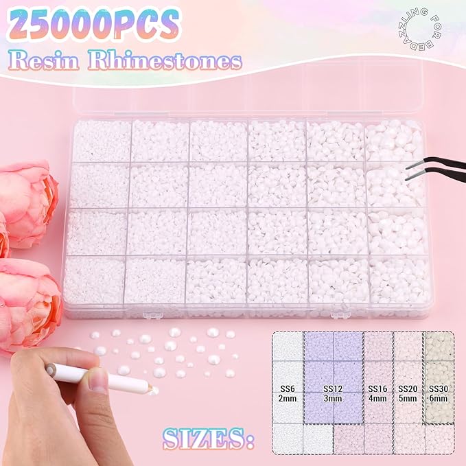 25000Pcs White Rhinestones for Bedazzling with B7000 Jewelry Glue, Non Hotfix Flatback Gems, Crystal Resin Rhinestones for Crafting Crafts Clothing Tumblers Mugs Shoes Fabric Decor Nail Art