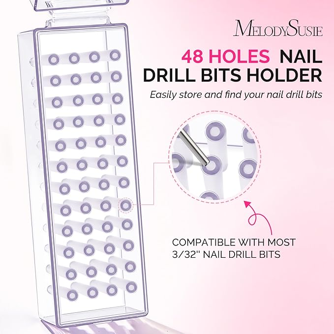 MelodySusie Nail Drill Bits Holder, 48 Holes Case, Portable Dustproof Displayer Organizer Container, Nail Tech Professional Nail Art Tool, Travel Salon Home, Clear (Drill Bits Not Included)
